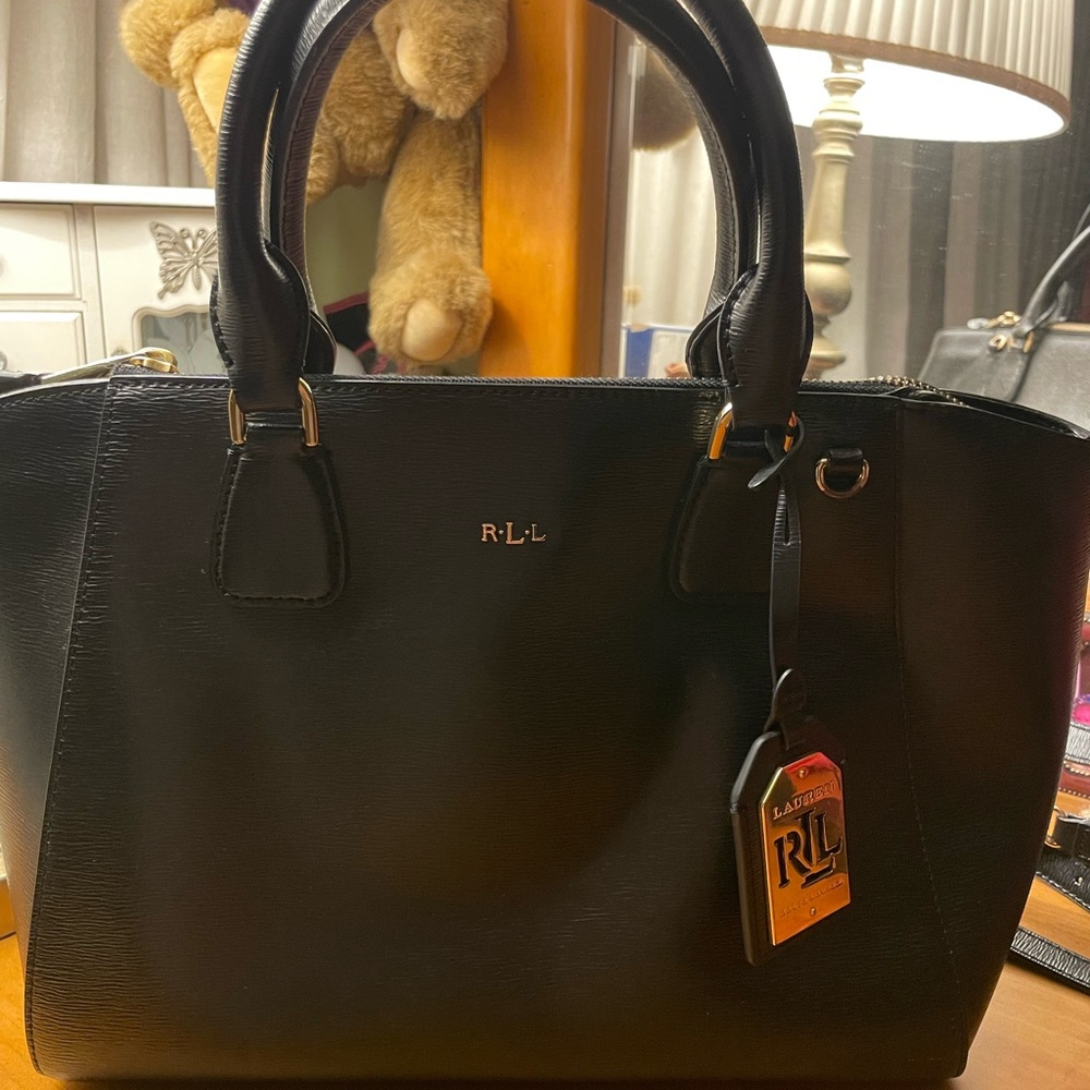 Ralph Lauren Black Leather Handbag with Gold Tone Hardware